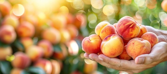 Fototapeta na wymiar Hand holding ripe peach, peach selection on blurred background with space for text placement