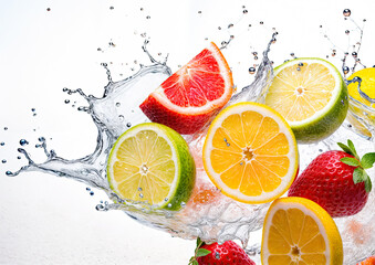 Water splash with fruits isolated on white background Orange, lemon, lime, grapefruit and water drops