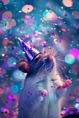 A friendly rat in a chic party hat, at the center of a luxurious party celebration, illuminated by enchanting bokeh lights and surrounded by a burst of colorful confetti.