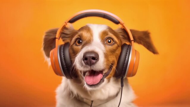 A Border Collie dog wearing headphones enjoys music on an orange background