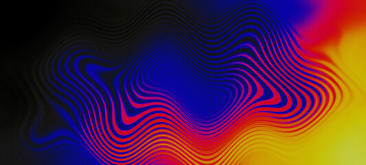 Abstract background gradient color wave ripples. Blue red yellow black circular wave grainy texture background.