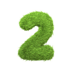 The number 2 shaped from dense green grass, set against a pure white backdrop. Number two. Front view. 3D render illustration