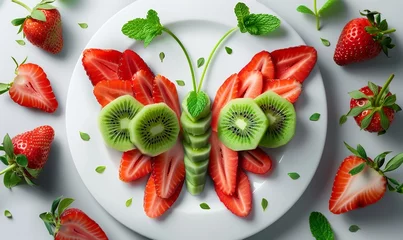 Foto op Plexiglas a beautiful realistic butterfly made of strawberry slices, kiwi slices and mint leaves on a clean white plate © Pekr