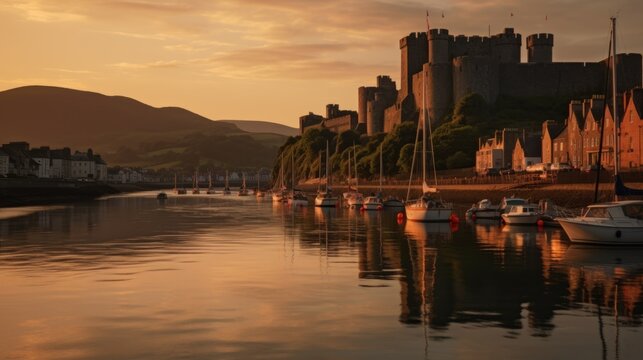 A multi image panorama of Conwy Castle and harbour seen