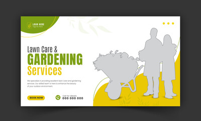 Corporate lawn care and gardening or landscaping service live stream YouTube video thumbnail design, lawn mower, gardening, promotion, social media post template, abstract green, yellow color shapes
