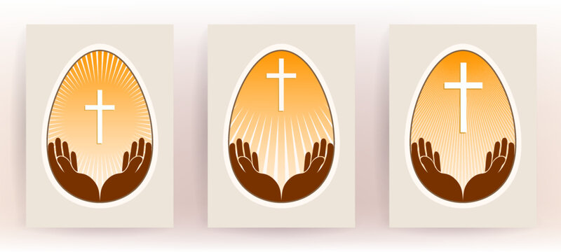 Easter egg silhouette with cross, isolated design element, set.