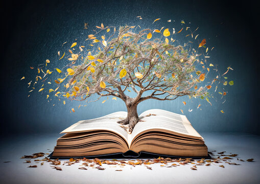 Tree growing out of an open book with autumn leaves on the pages knowledge tree concept
