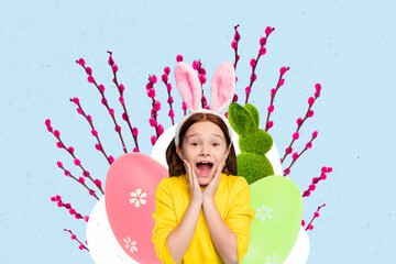 3d creative artwork template collage of excited surprised little girl celebrate easter invitation...