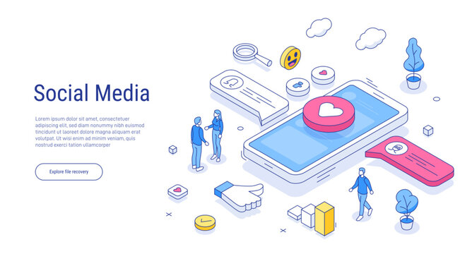 Social media outline isometric concept. People characters standing near smartphone and looking at new post. Woman and Man leaving Comments and likes for Photo in Mobile App. Line Isometric Vector.