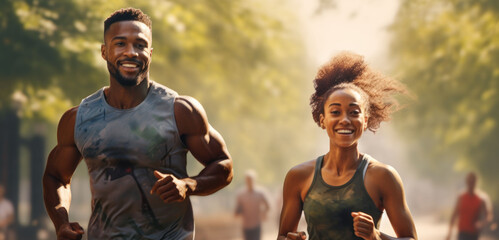 african athletic happy couple jogging in the park on a sunny day, doing sports is good for health, banner - obrazy, fototapety, plakaty