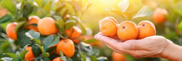 Ripe persimmon held in hand with blurred background, copy space for text, fresh persimmon selection