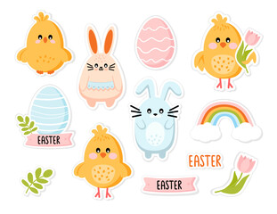 Set stickers Easter bunny with chick and painted eggs. Vector illustration