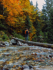 Naklejka premium Man on a log over the river in autumnal forest. Mountain river and hiker traveller
