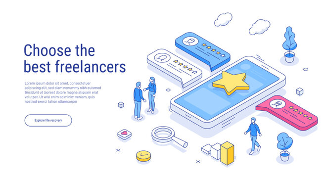 Choose the best freelancers outline isometric concept. Freelancers service banner with text place. Can use for web banner, infographics, hero images. Line isometric vector illustration.