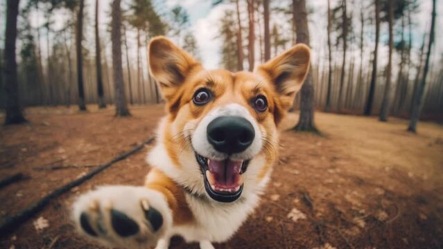 A clever corgi dog captures a selfie in the park, showcasing their tech-savvy side and infectious joy, creating a delightful and memorable moment