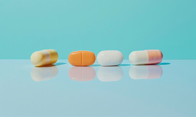 Four pills, presented on a light blue background, showcase a style of light white and orange, serene compositions, and precise craftsmanship.