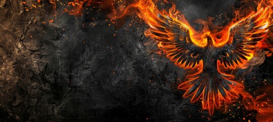 Majestic flaming phoenix firebird in fiery environment with ample space for text placement