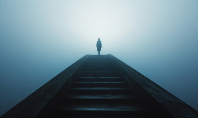 The person, at the top of stairs in fog, exhibits a style of geometric surrealism and gothic realism. - obrazy, fototapety, plakaty