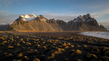The Top view. of Vestrahorn. with a black sand beach and minimal sun light. on Iceland 