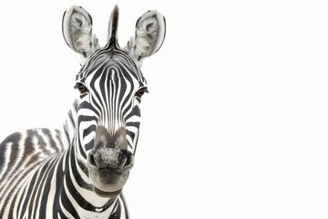 Fototapeta na wymiar Close-up of a zebra's muzzle, isolated on a white background, studio shot, funny animal