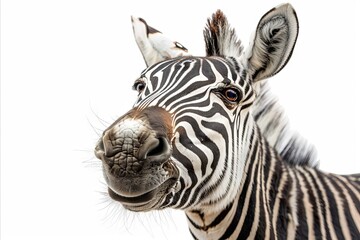 Close-up of a zebra's muzzle, isolated on a white background, studio shot, funny animal