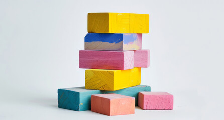 the tower of colorful blocks on a white surface.