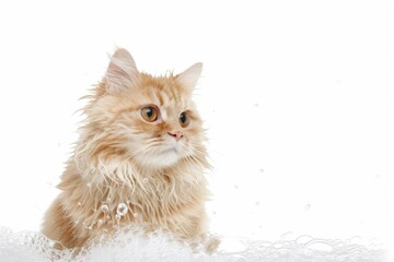 Fototapeta premium cute domestic cat with light beige fur washes itself wet from water on a white background isolated