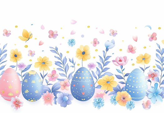Easter background with eggs, flowers and butterflies
