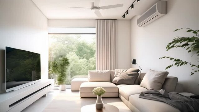 A contemporary living space featuring a modern air conditioner, ensuring a cool and comfortable environment without compromising the interior's overall aesthetic appeal.