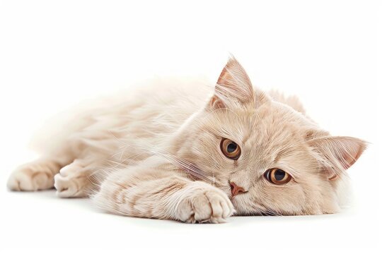 Satisfied cute domestic cat with light beige fur and yellow eyes lies on a white background isolated