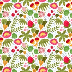 Bright tropical jungle leaves and flowers pattern in cute childish style. Summer pink protea flowers, tropic leaves, polka dot on a white background. Hand drawn floral nature wallpaper, textile design