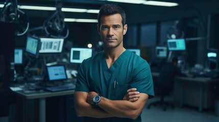 Professional photo of a portrait of a confident male surgeon standing  in front operating room background with backlighting and cinematic lighting and a dark blue color grading - obrazy, fototapety, plakaty
