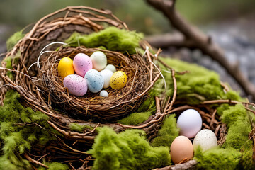 Eggcellent Easter Nest. A nest crafted from twigs, moss, and feathers, adorned with speckled eggs of different sizes and hues