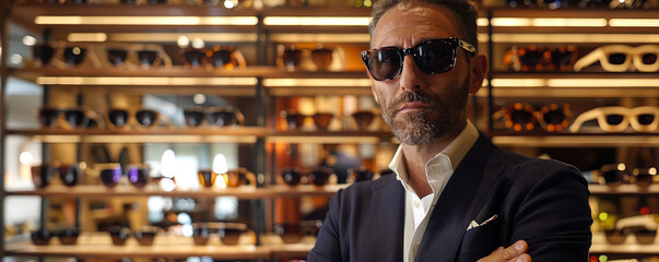 a man chooses sunglasses for himself in an eyewear store. against the backdrop of a display case with sunglasses