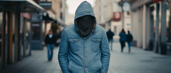 Anonymous person, man walk on the street, using clothes conceal his face. - obrazy, fototapety, plakaty