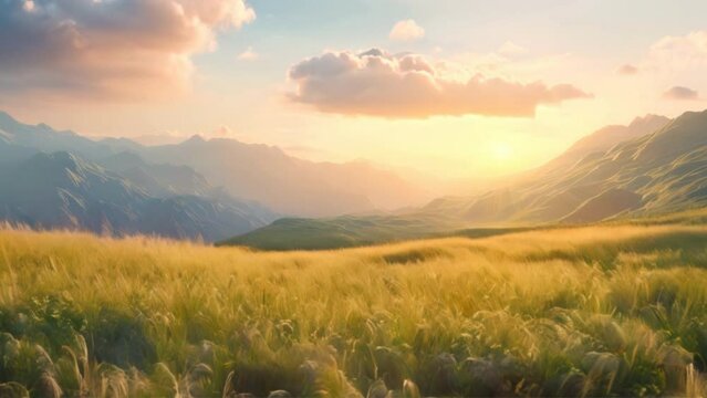 Field Under Sun's Glow: A picturesque scene capturing the tranquil beauty of a rural landscape bathed in the warm hues of sunrise and sunset, with lush green grass, sweeping meadows, and a radiant sky