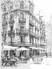 a pencil sketch of a cafe on a building in Rome on white paper