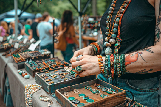 A person selling handmade jewelry at a craft fair, showcasing an artisanal side hustle.