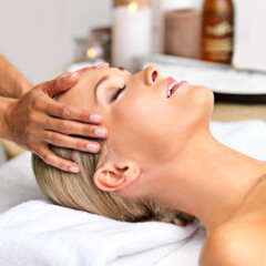 Woman, hand or massage as spa, wellness or self care in mental health, luxury or sleep retreat....