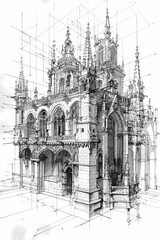 pencil sketch of the construction of a cathedral, in the style of baroque ornate details, 