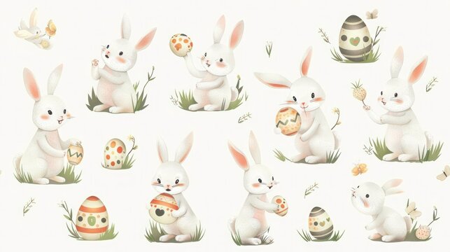 Pastel-colored illustrations featuring playful Easter Bunny engaging in various activities, isolated on white background