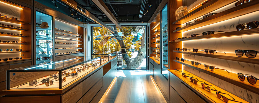 wall of glasses. store interior with sunglasses.