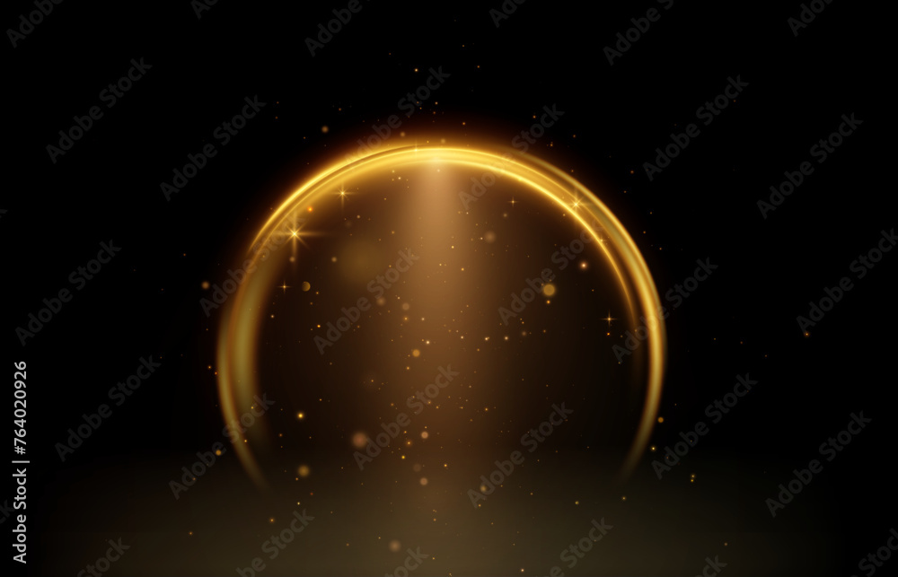 Poster Light arch. Dynamic golden lines with a glow effect. Gold frame with spotlight.