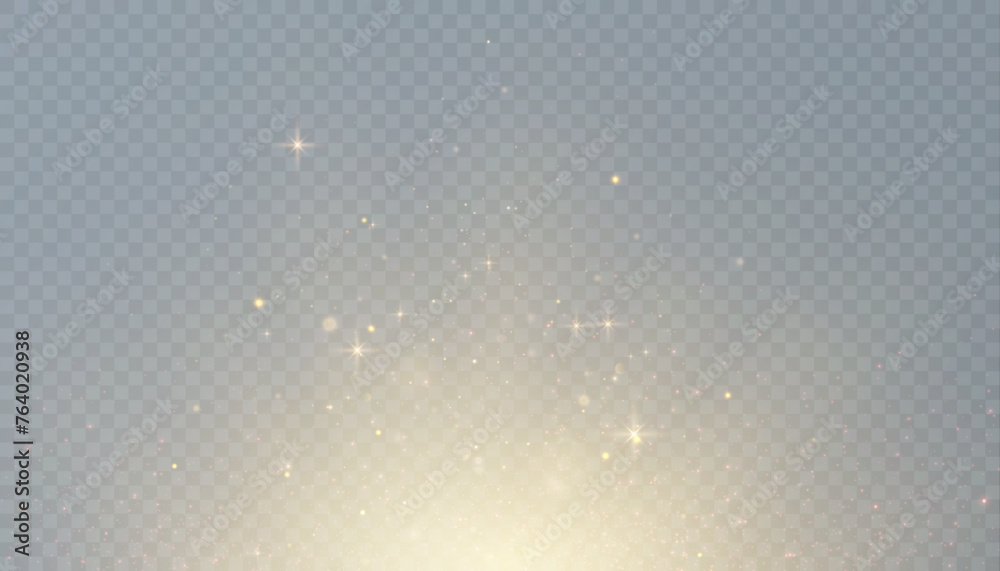 Poster Bokeh glow background of sparkling dust, gold dust light, background with bokeh light effect, yellow shimmering glow with bokeh and glitter light. Vector