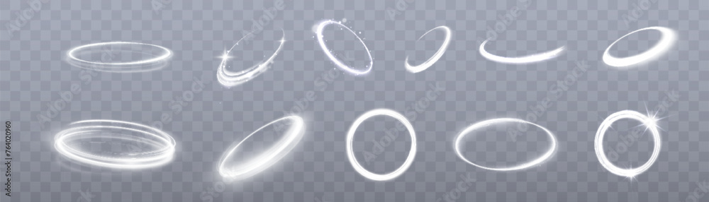 Poster Abstract set of light circles. Bright neon circles. A bright trail of sparkling rays twists in a spiral in rapid motion. Vector 10 ep.