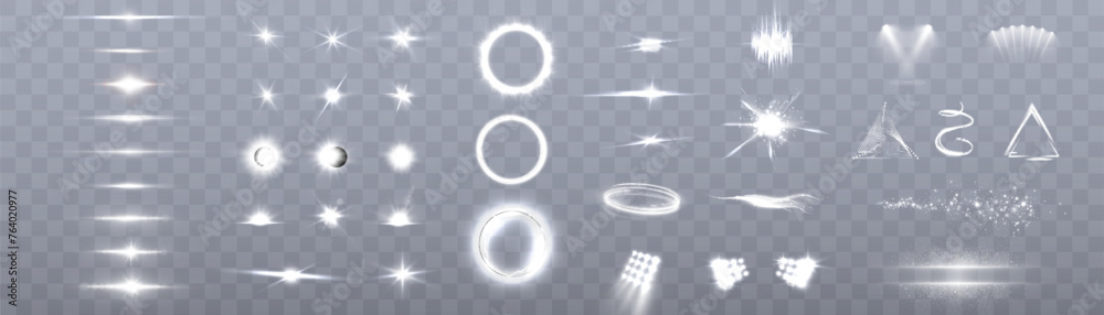 Poster set of light effects of white translucent glowing gradient light isolated on transparent background.