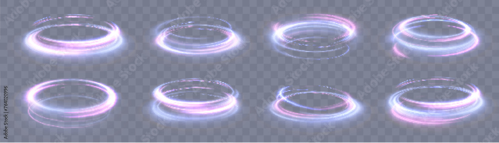 Poster vector set. magic portals, blue light hologram effect, futuristic energy vortex elements. teleport, 