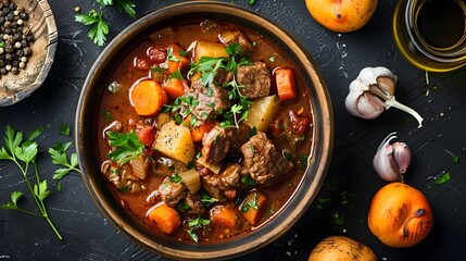 Hearty beef stew in a rustic bowl - Savory and rich beef stew with chunks of tender meat and vegetables, served in an earthenware bowl for a rustic look - obrazy, fototapety, plakaty