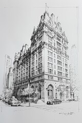 Architectural Drawing of the Museum of Natural Hisotry Upper East Side on white paper 