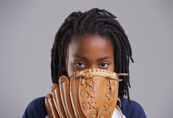 Sports, baseball and portrait of child on gray background with glove for training, practice and...
